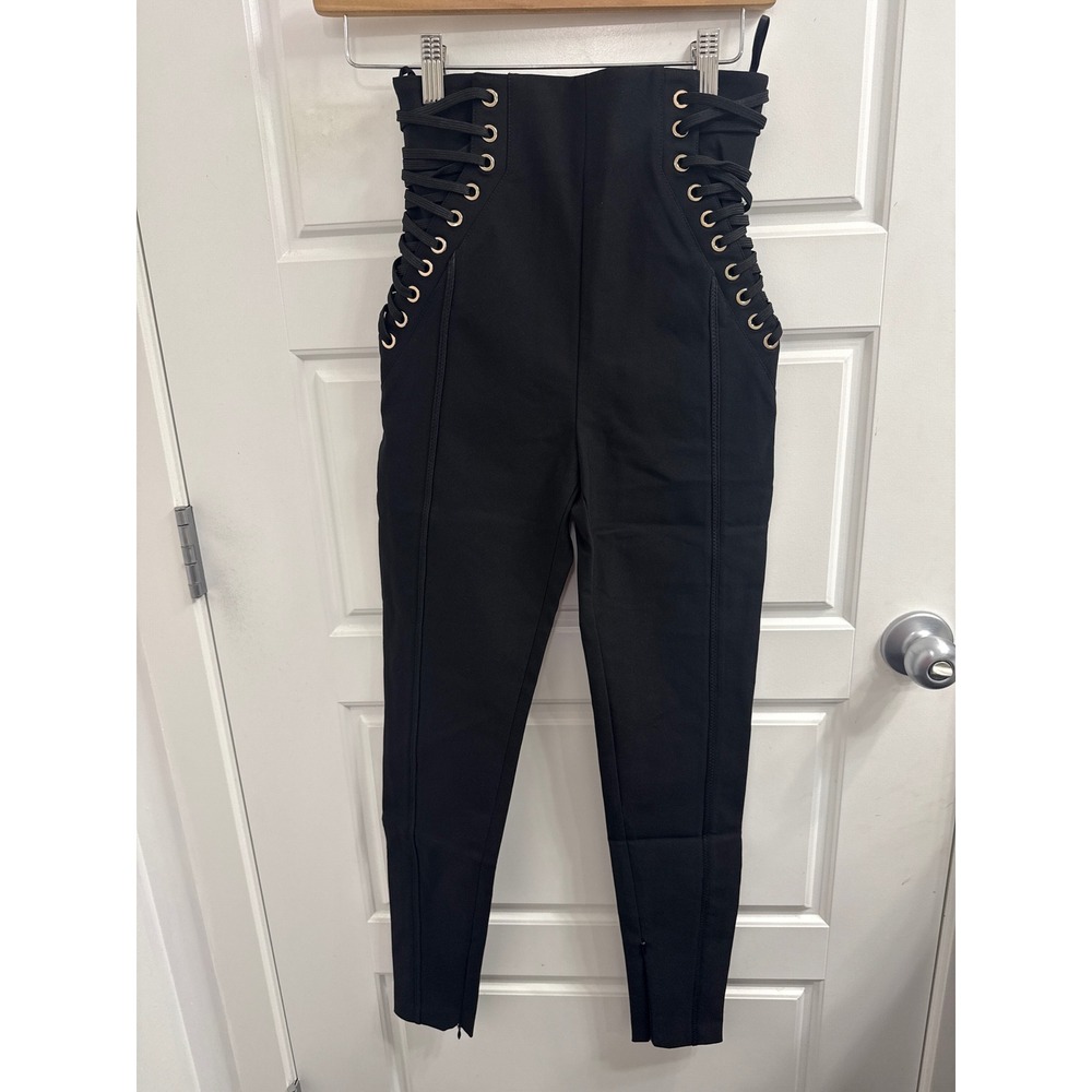 Lace Up High Waisted Skinny Pants Black Gold Zipper Medusa Pull Tab Corset Style